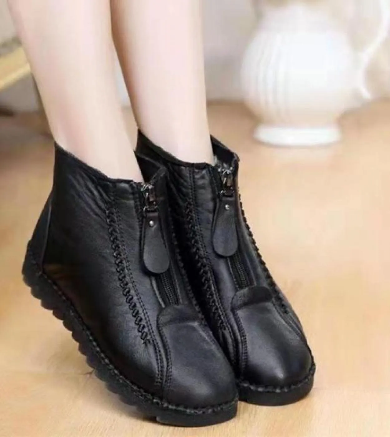2022 Winter Women Ankle Boots Fashion Warm Mothers Boots Flat Bottom Comfortable Non Slip Front Zipper Closure Female F