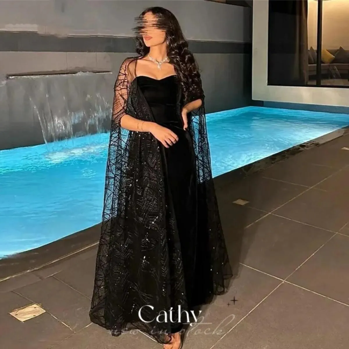 Abito in velluto nero Mantello nero Abito da ballo Abiti da sposa da sera in velluto Prom nero