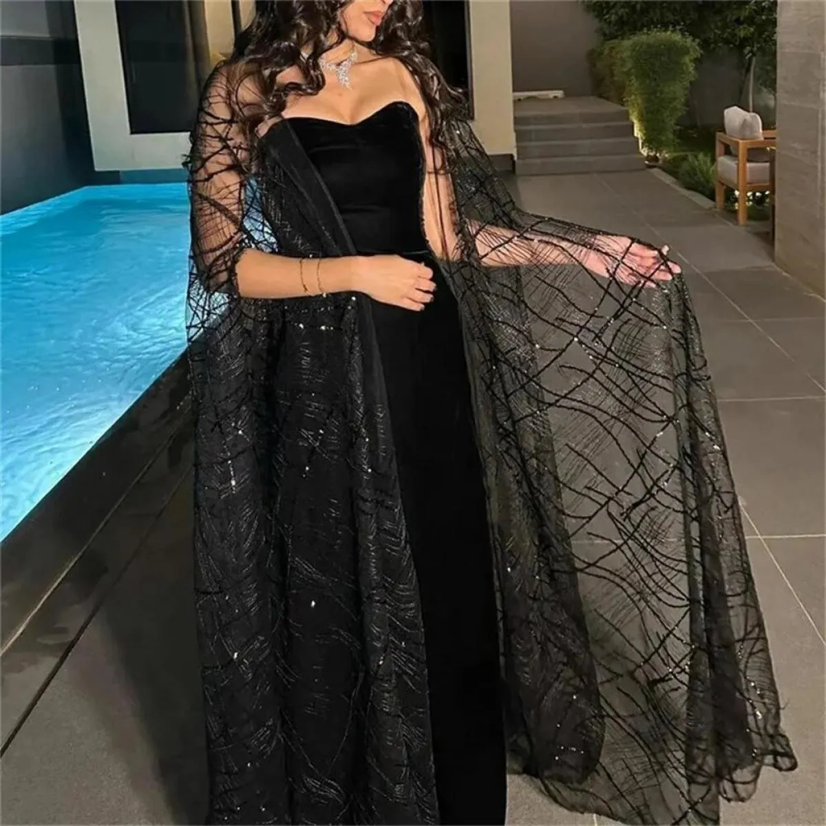Abito in velluto nero Mantello nero Abito da ballo Abiti da sposa da sera in velluto Prom nero