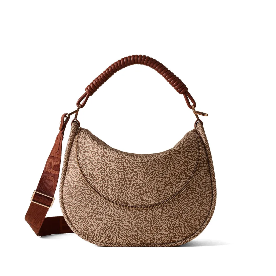 Borsa hobo media Borbonese Horseback beige e marrone in tessuto OP
