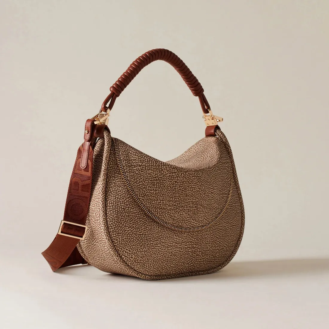 Borsa hobo media Borbonese Horseback beige e marrone in tessuto OP