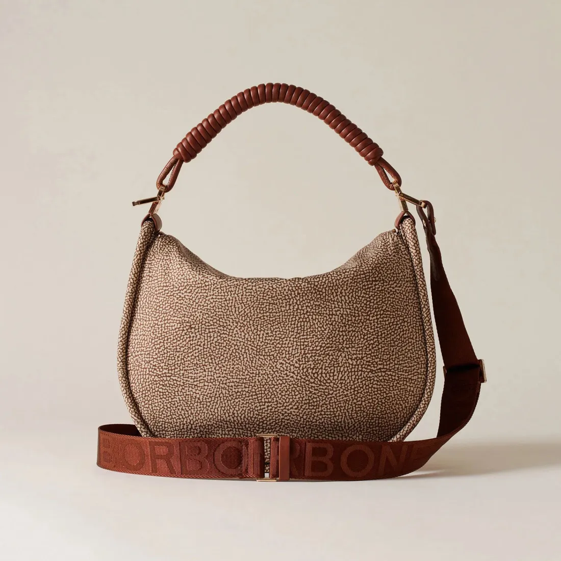 Borsa hobo media Borbonese Horseback beige e marrone in tessuto OP