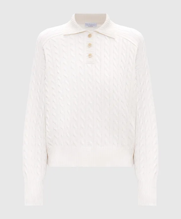 Brunello Cucinelli Maglione in cashmere bianco con catena monil dal motivo strutturato M12736005