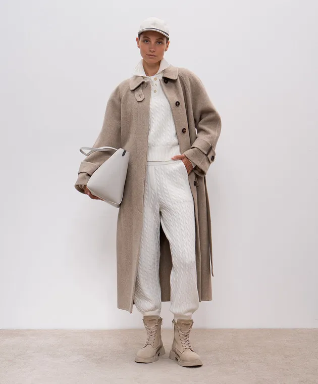 Brunello Cucinelli Maglione in cashmere bianco con catena monil dal motivo strutturato M12736005