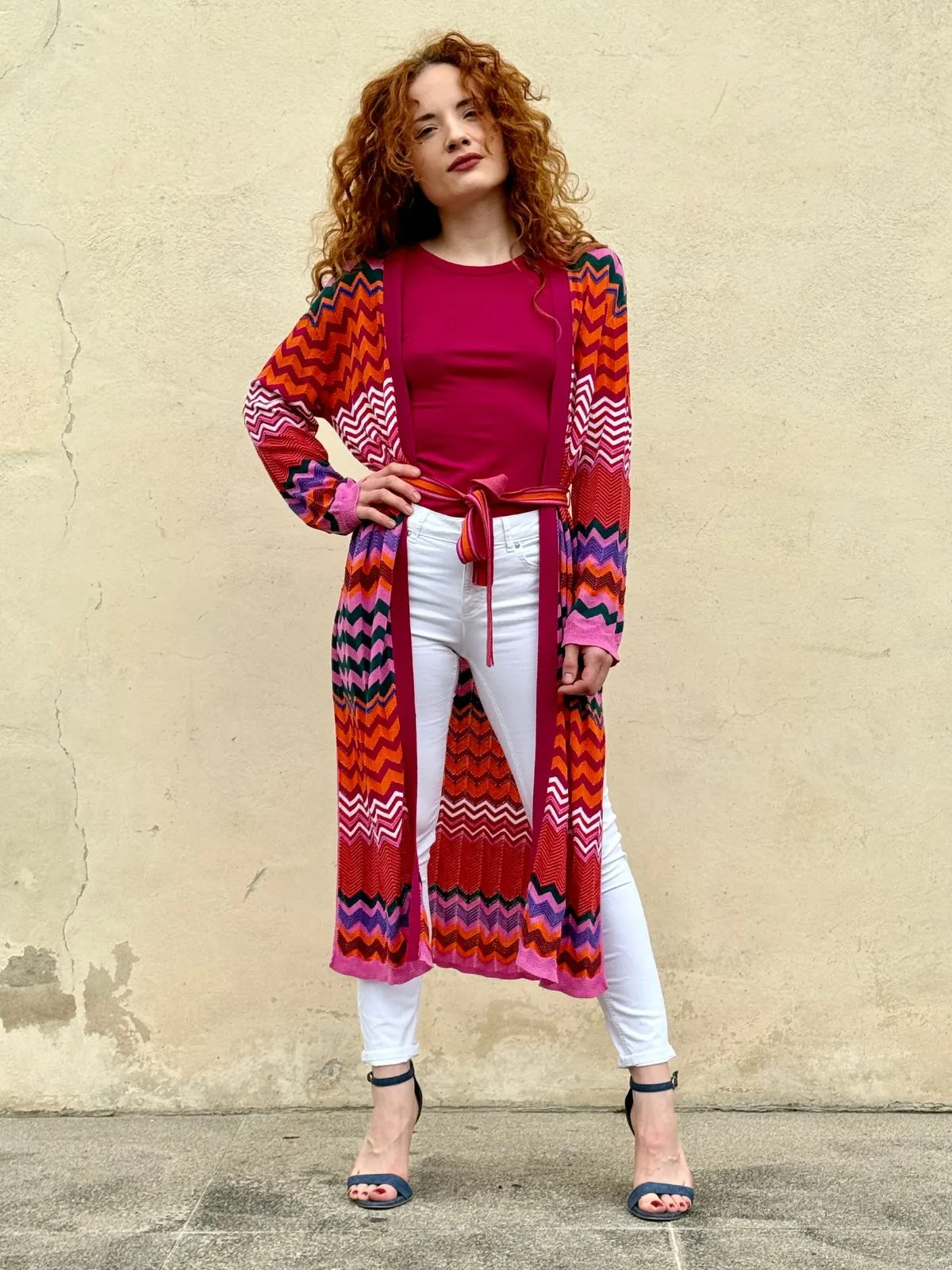 Cardigan lungo in fantasia con spacchi