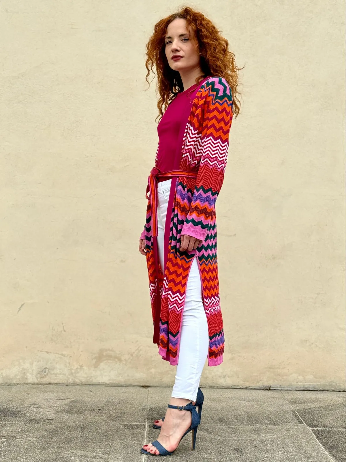 Cardigan lungo in fantasia con spacchi