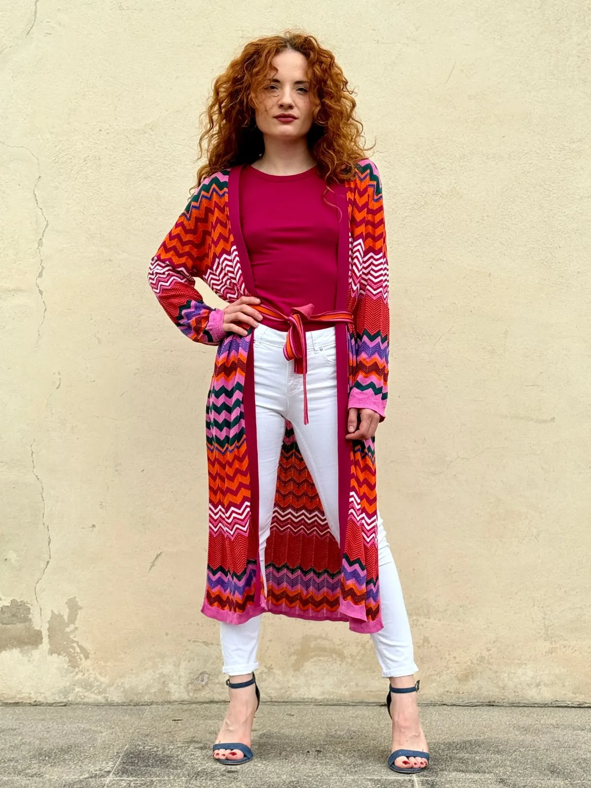 Cardigan lungo in fantasia con spacchi