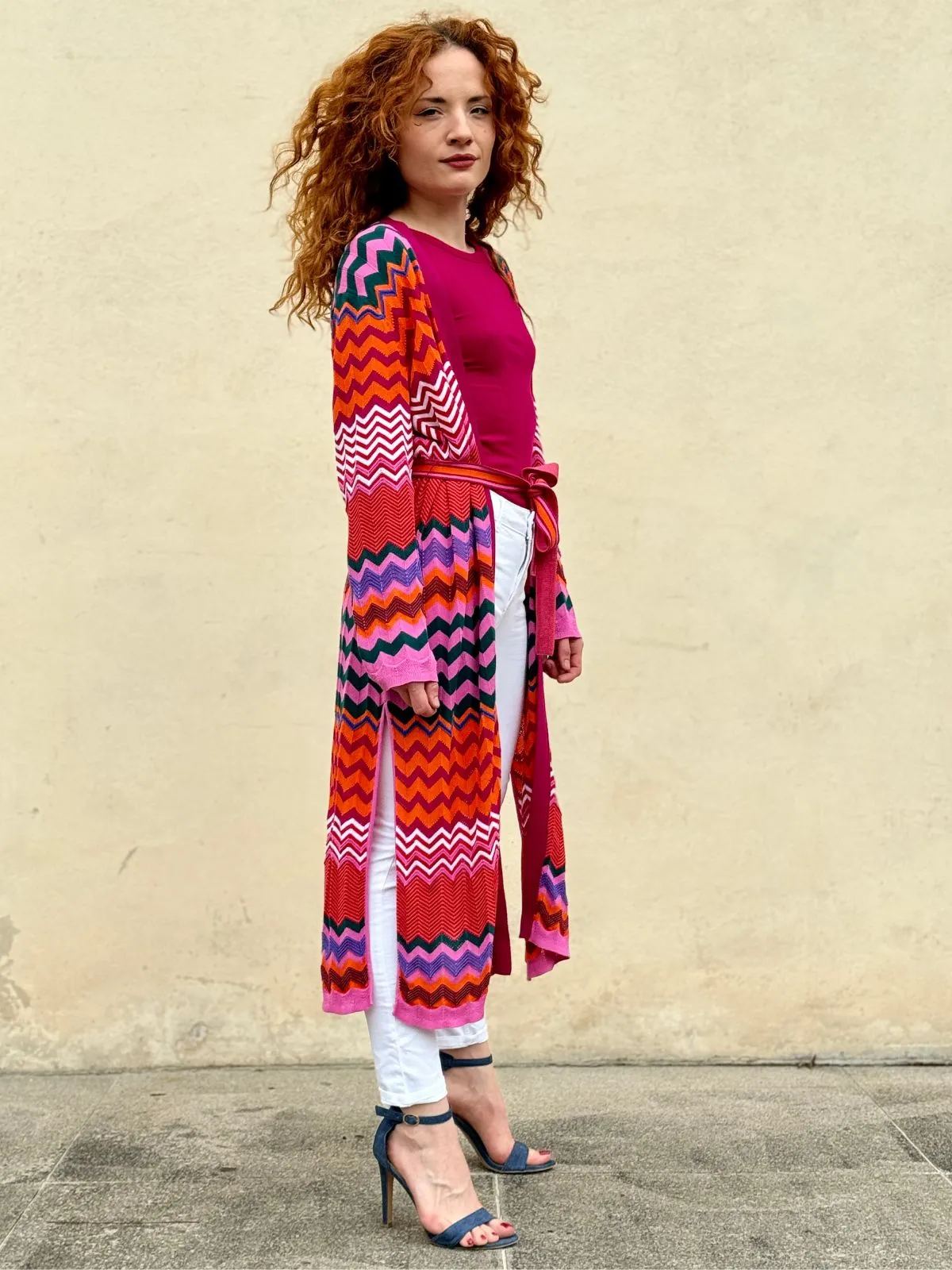 Cardigan lungo in fantasia con spacchi