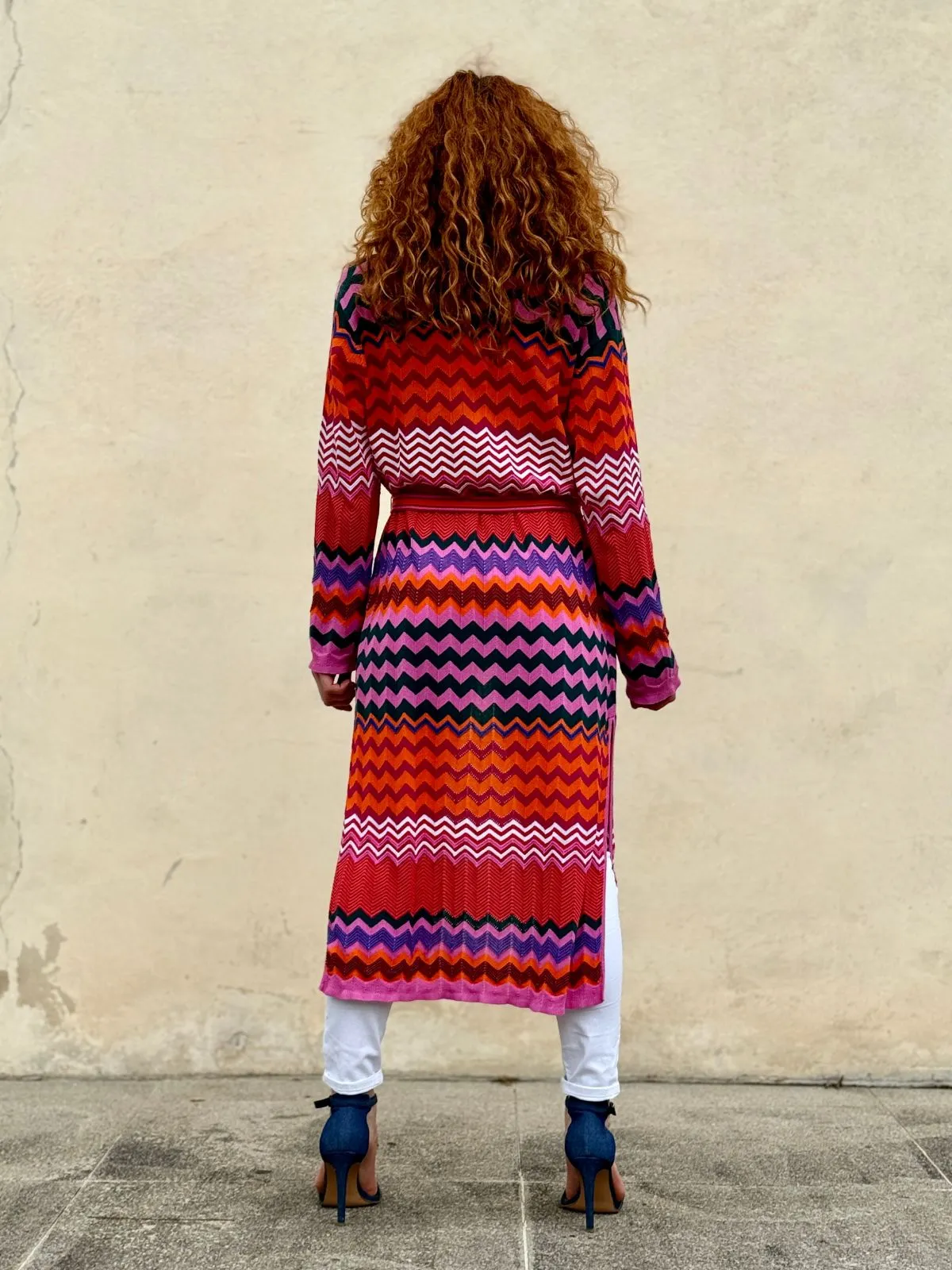 Cardigan lungo in fantasia con spacchi