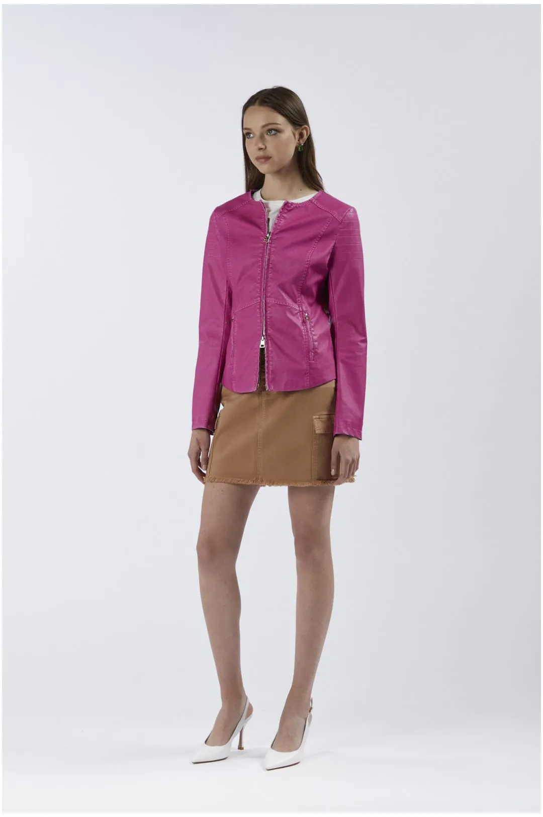 giacca girocollo in similpelle fuxia