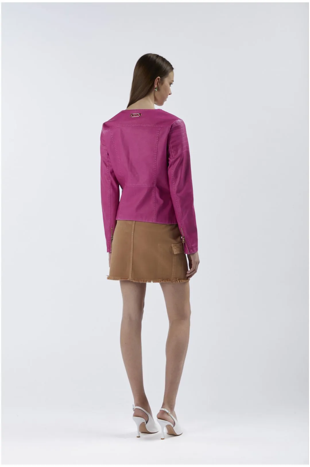giacca girocollo in similpelle fuxia