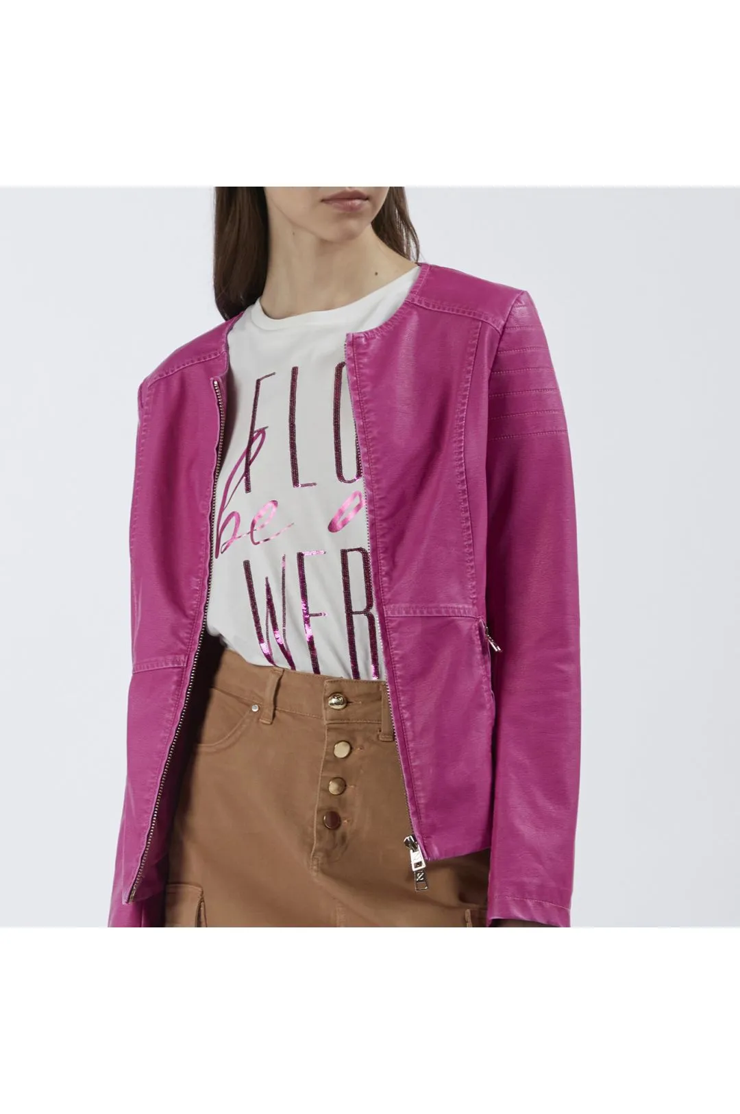 giacca girocollo in similpelle fuxia