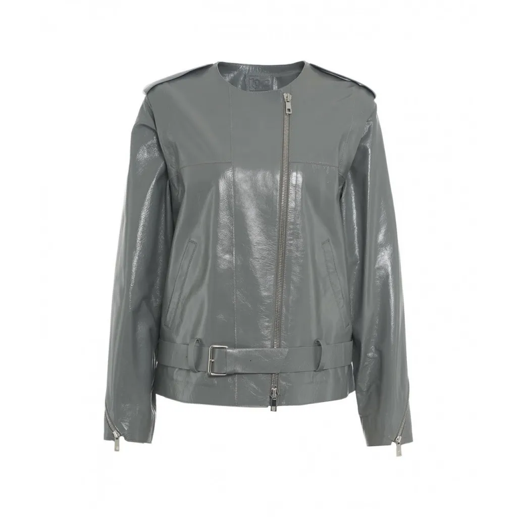 Giacca in pelle con cintura grigio