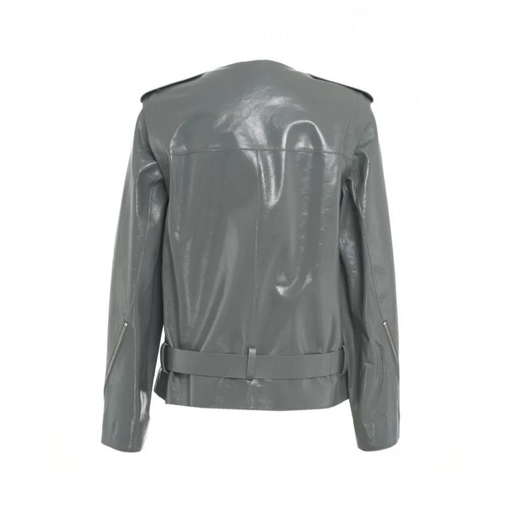 Giacca in pelle con cintura grigio