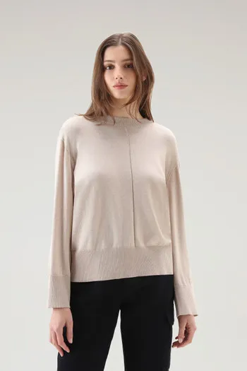 Maglia girocollo in misto cotone e cashmere                                                                                Beige