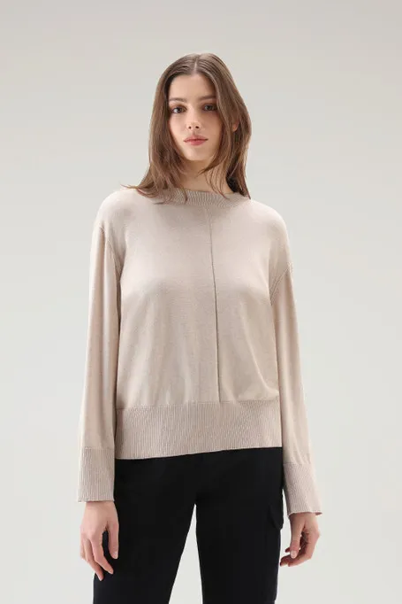 Maglia girocollo in misto cotone e cashmere                                                                                Beige