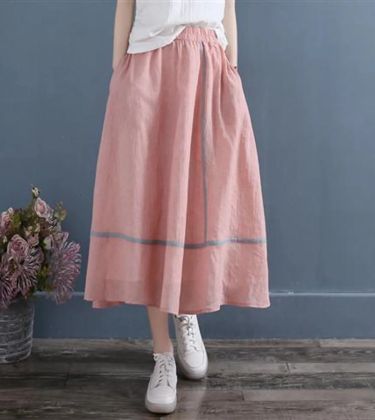 Nuovo arrivo Summer Arts Style Donna Elastico in vita Allentato Casual Gonna a trapezio Gonna lunga vintage in lino di cotone a