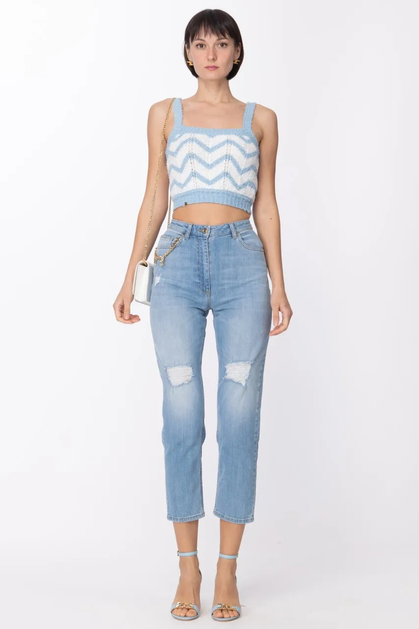 Top con bretelle e disegno chevron Avorio/Carta da Zucchero